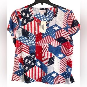 Allison Daley Flag Print Short Sleeve Criss Cross V-Neck Top, (NWT) Size PL